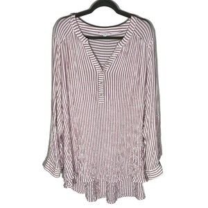 Jane + Delancey Seersucker Top 2X Striped Roll Tab Sleeve Popover Tunic Nautical